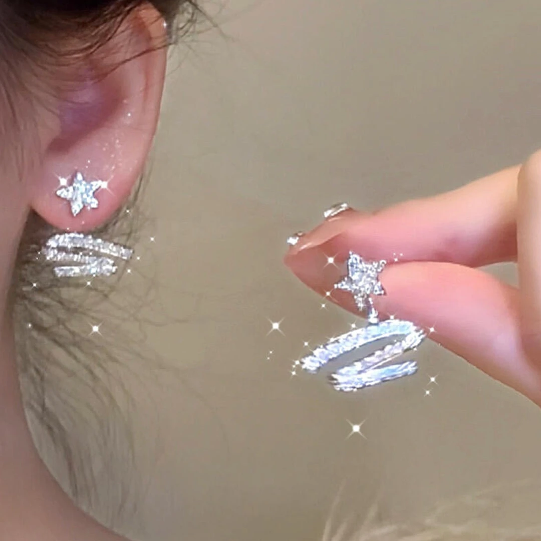 铜合金耳饰 爆闪锆石飘带星星耳钉女轻奢气质高级清冷感百搭耳饰