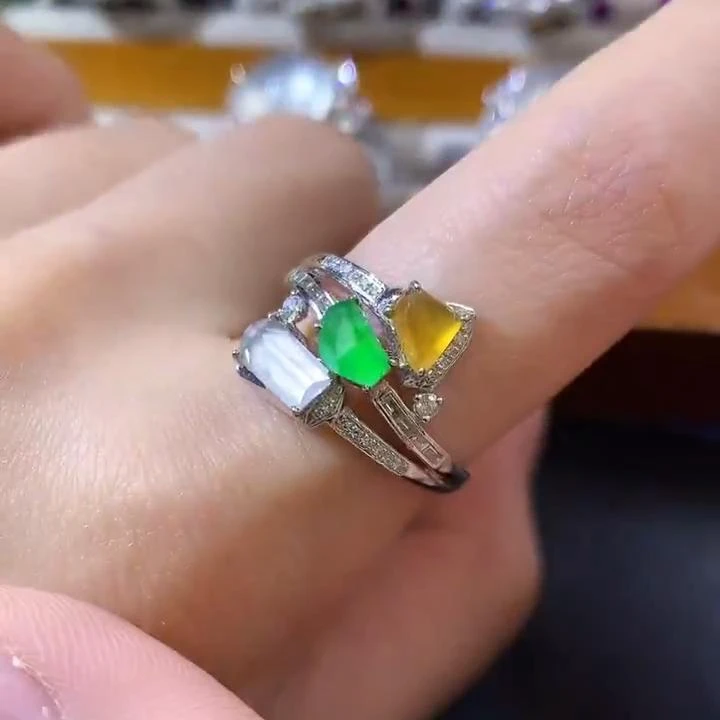 玥集珠宝 18K金 翡翠三彩戒指 多样性发货一件