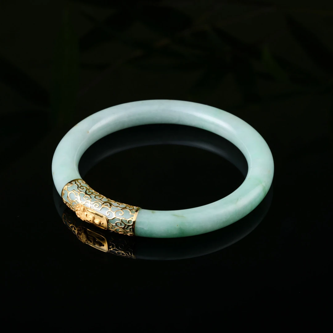 【意婵】《余生路》18k金镶嵌天然高品缅A老翡翠手镯-914763