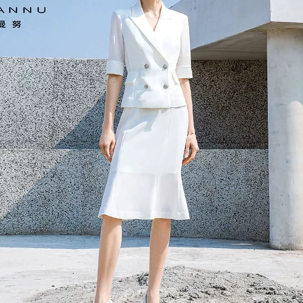 232018C1气质名媛白色西装半裙女夏季薄款职业裙装时尚正装C