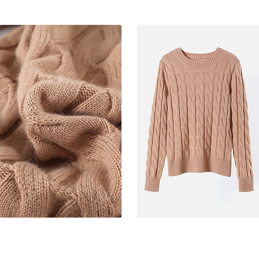 222#三色！纯色圆领长袖扭麻花针织套头毛衣女1-020