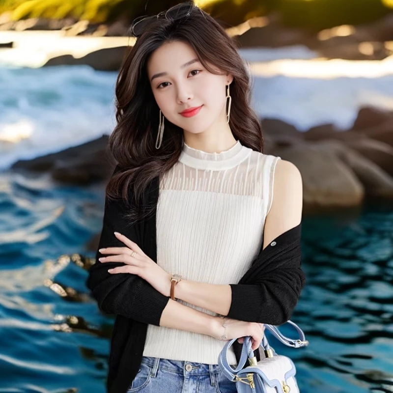 2025秋季新款纯色高端针织吊带背心女半高领蕾丝木耳边无袖打底衫