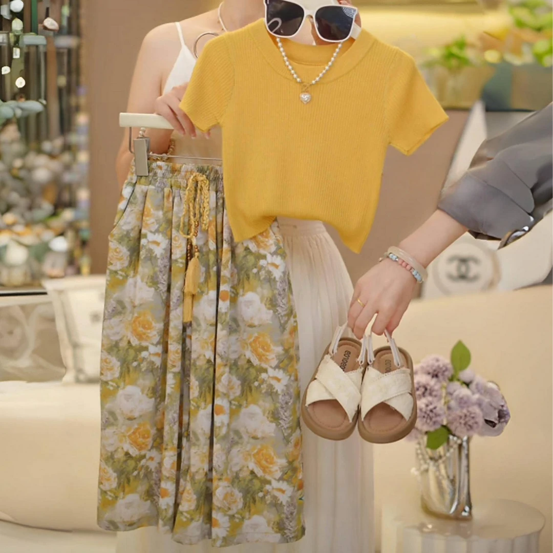 女童超好看韩系套装高级感穿搭夏季2025新款儿童短袖阔腿裤夏装潮