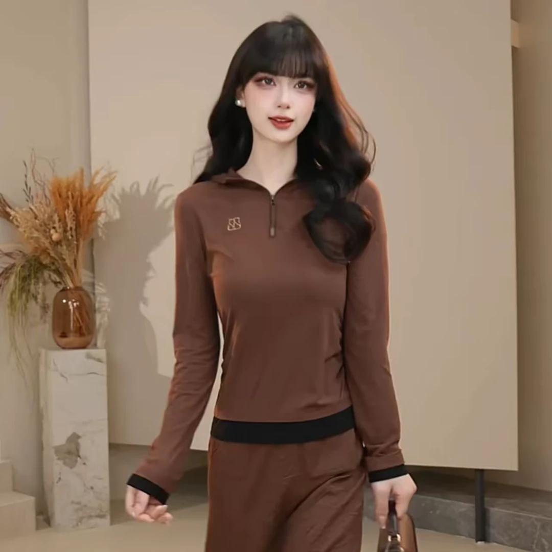 【专柜品质】早春款连帽拼色长袖修身显瘦上衣侧捏褶设计卫衣530262