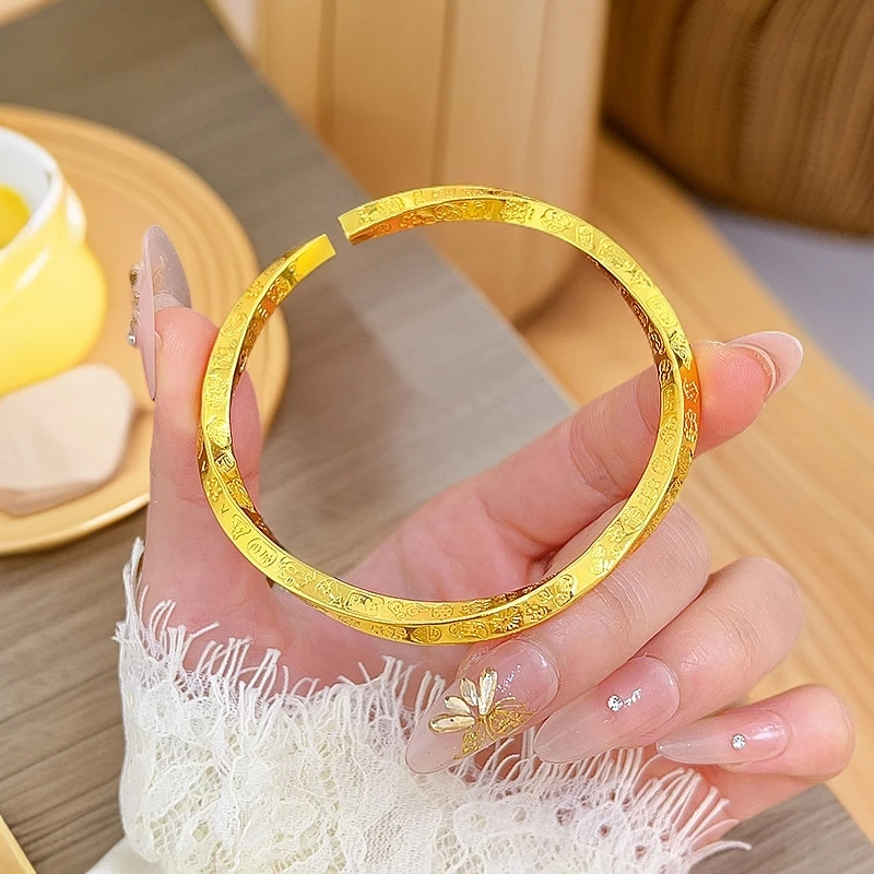 足银手镯 62-开口手镯光面錾刻大吉大利手环实心镯子情人节礼物