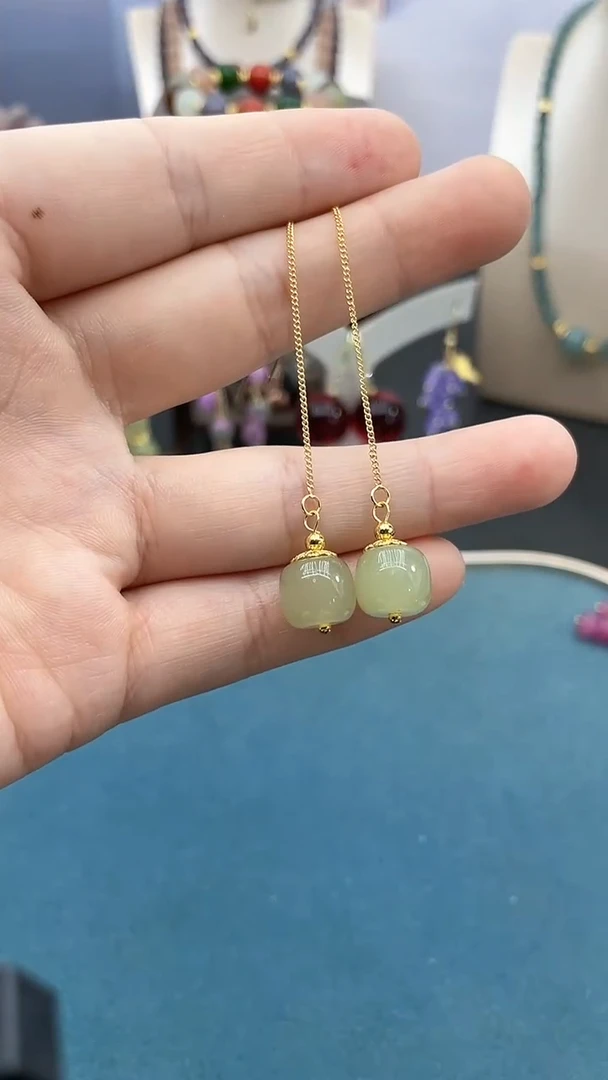 和田玉14K金镶嵌耳饰10mm行珠耳线