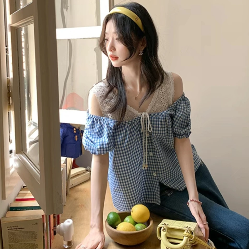 小众甜美蕾丝格纹假两件绝美小衫夏季女宽松泡泡袖上衣小众设计感