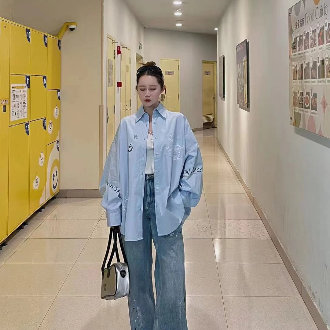 2025衬衫蓝色长袖印花春夏潮流宽松50221020百搭