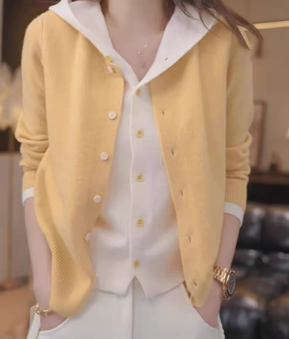 假两件针织开衫女冬季新款设计感宽松叠穿慵懒风百搭黄色毛衣上衣