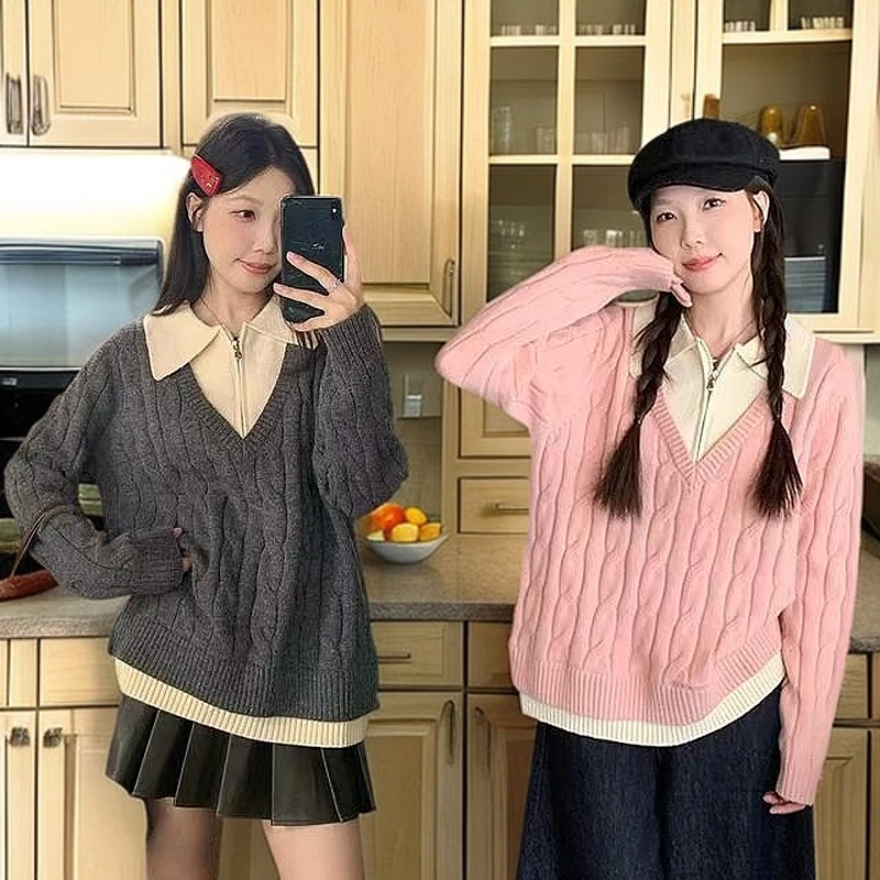 632#大码慵懒风假两件麻花毛衣女复古高级感针织衫胖MM显瘦上衣