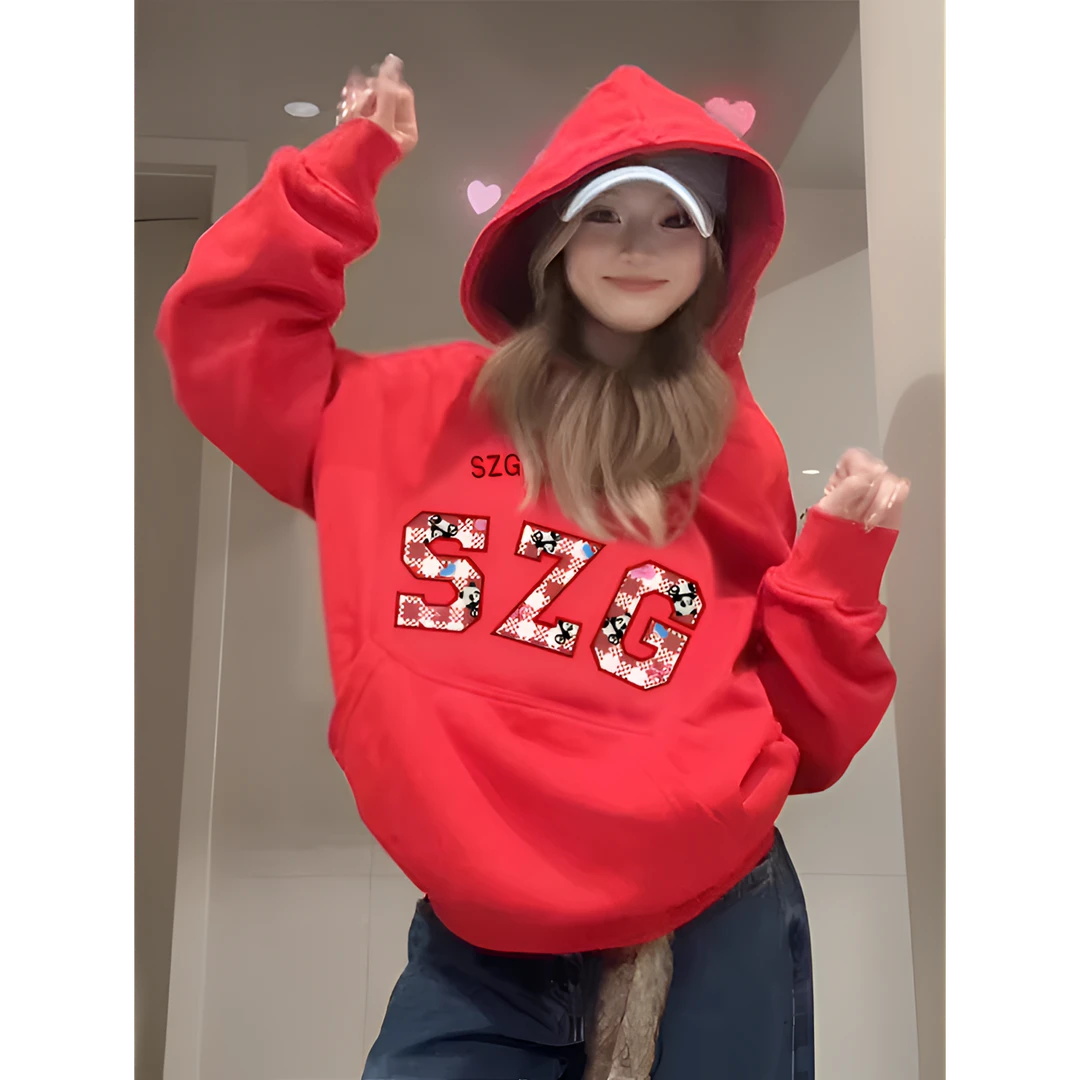 红色立体贴布绣字母连帽卫衣女秋冬美式复古慵懒风小个子宽松上衣