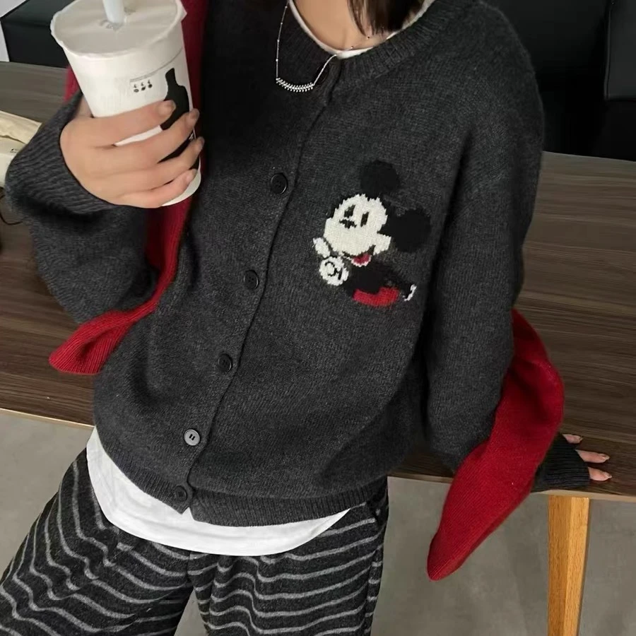 2024韩版秋冬纯色圆领单排扣开衫长袖针织衫时尚米奇百搭毛衣女