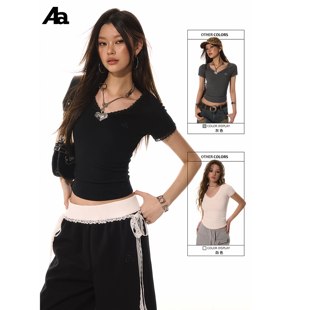 ACMEAURA美式复古设计感女士时尚夏装短款T恤白色拼接蕾丝边短袖