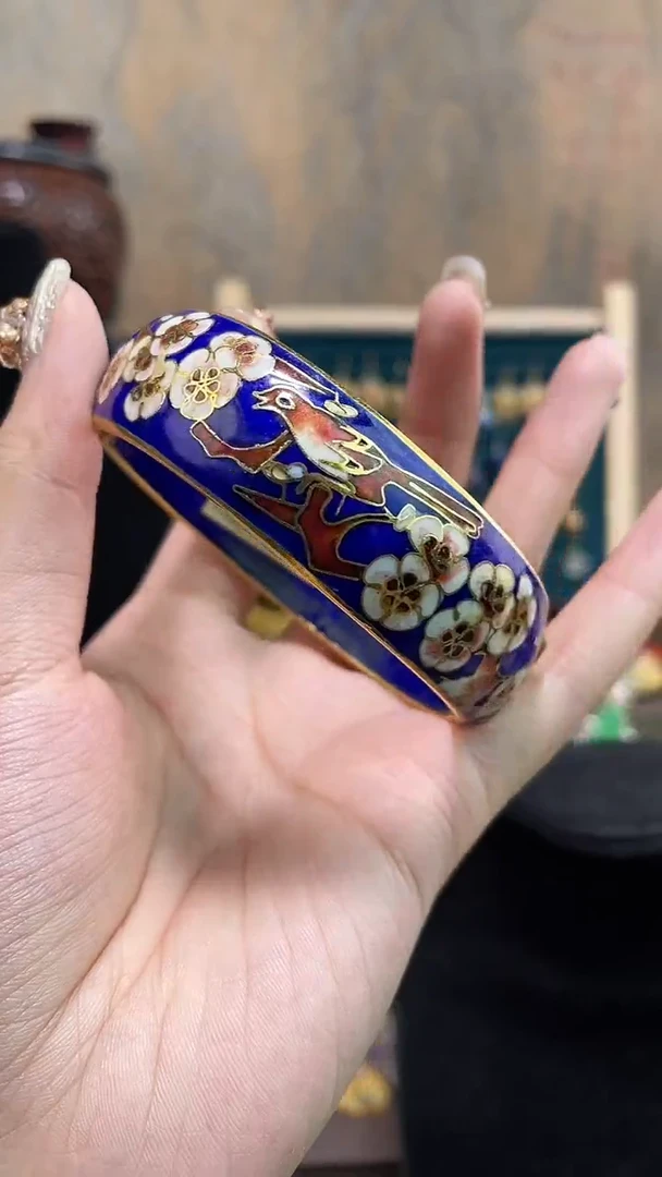 非遗手工景泰蓝银蓝开口镯子宝蓝