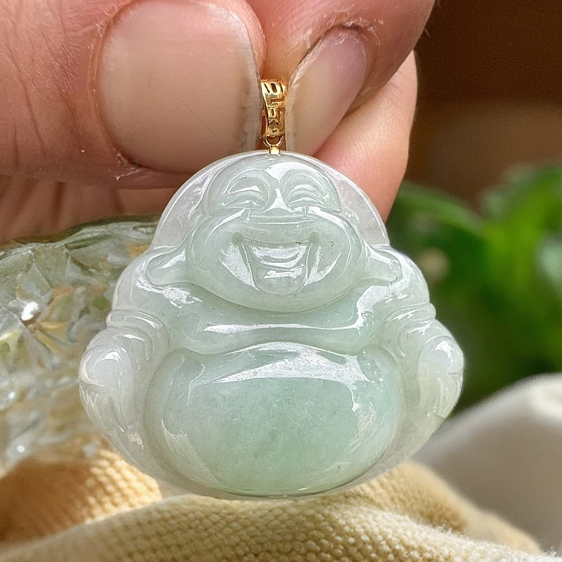 A货翡翠佛公18k金镶嵌