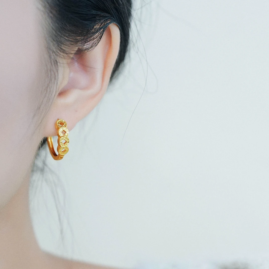 铜合金耳饰 新中式国风碎碎冰五帝钱耳扣女款小众高级感新款耳环