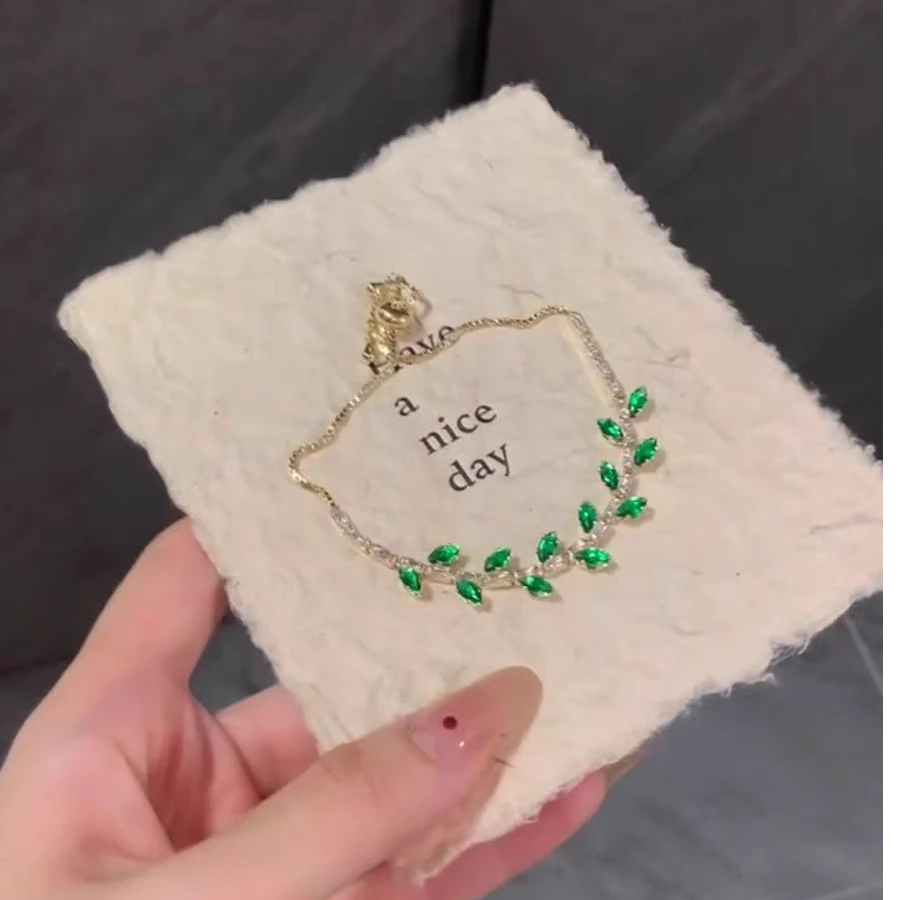 合金锆石手链 晶尤家绿茵森系抽拉绳款树叶微镶锆石手饰小众轻奢