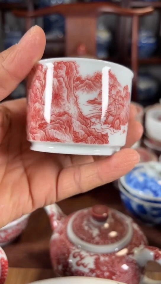柴窑釉里红山水融天杯杯