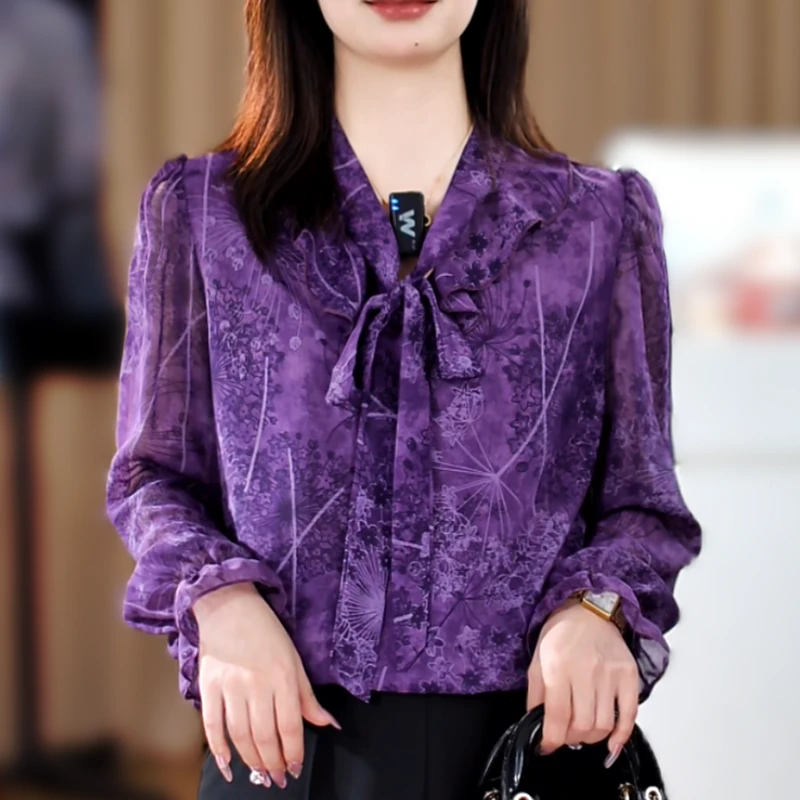 X8819高端时尚长袖碎花雪纺衬衫女2025春季新款显瘦气质衬衣女