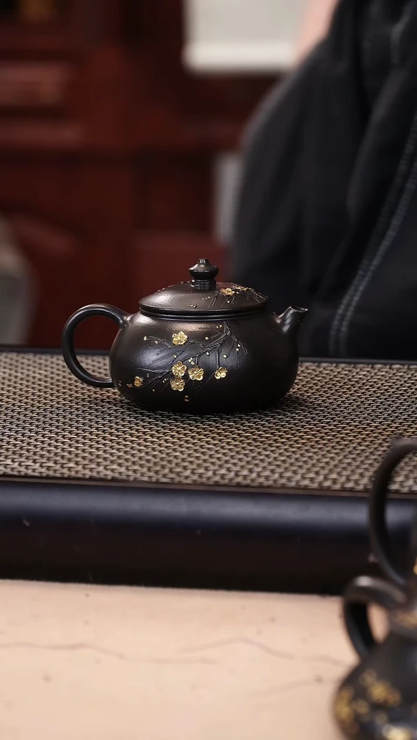茶壶紫砂朱泥还原烧墨梅堆绘洒金寒江140cc+杯子