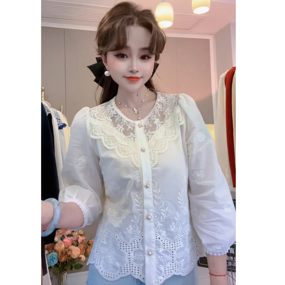 甜美洋气绣花蕾丝小香风上衣早秋20257分袖衬衫百搭外穿上衣