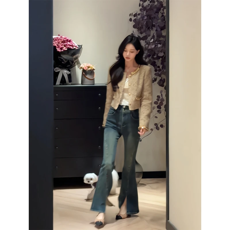 亮片小香风外套短款名媛气质千金高腰微喇开叉牛仔裤修身喇叭裤子