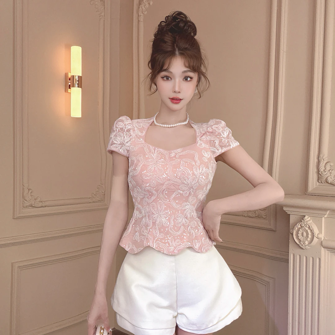 【CC专属】设计师款盖肩袖遮肉显双C打版收腰精致满幅刺绣-11649