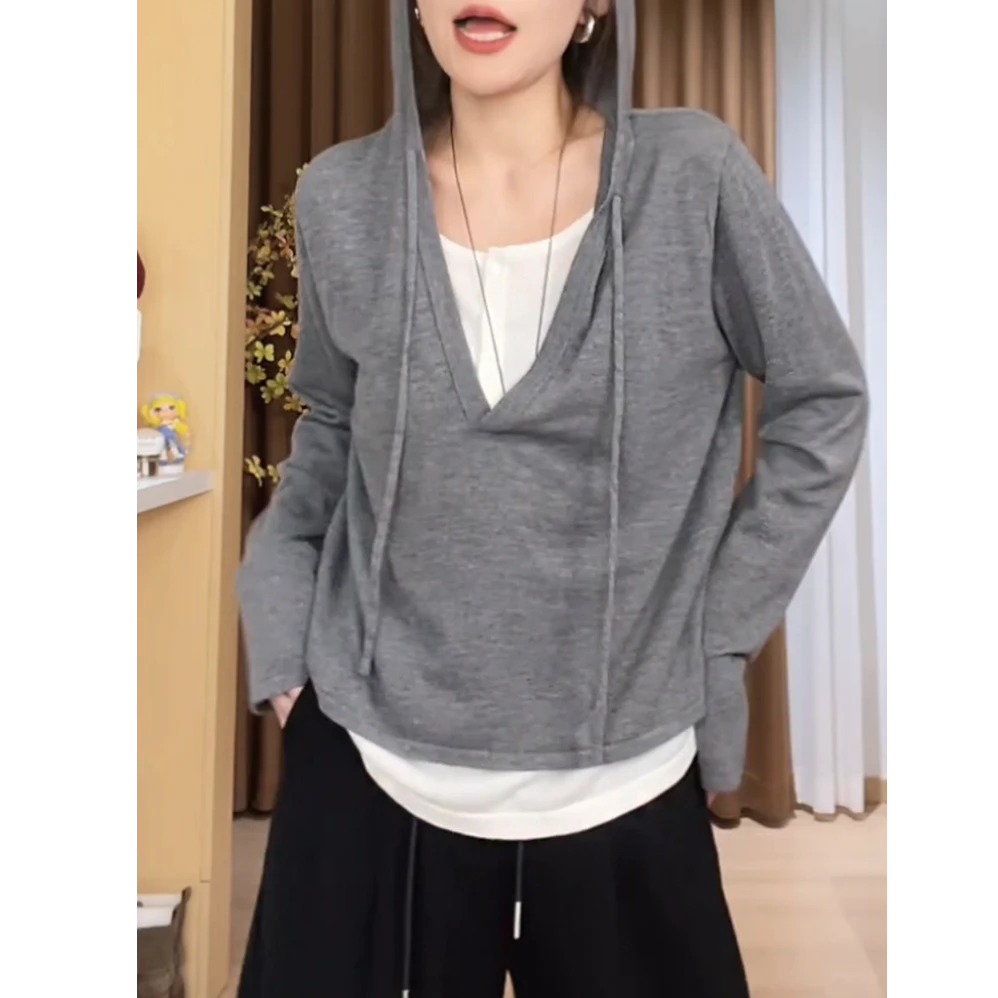 假两件拼接薄款连帽长袖t恤女202年秋季新款时尚简约休闲百搭上衣