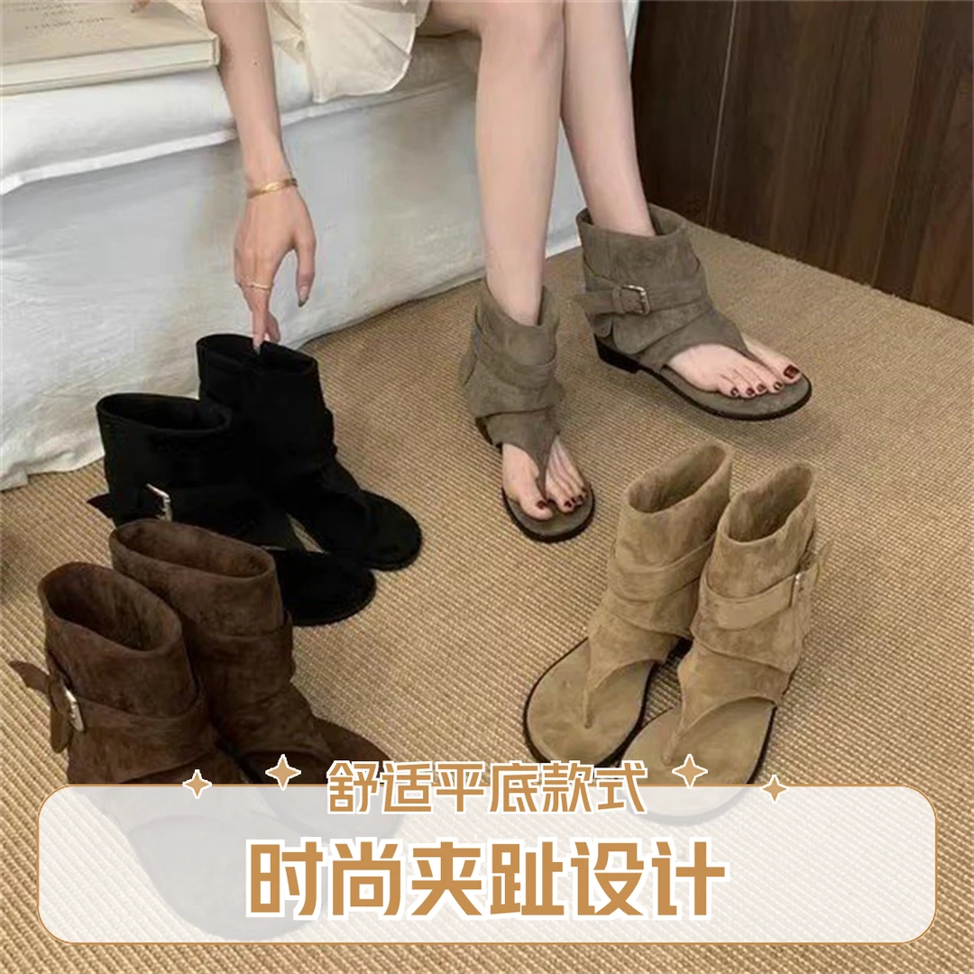 法式人字夹趾凉鞋女2025年夏季新款软皮平底凉靴宽松套筒库管短靴