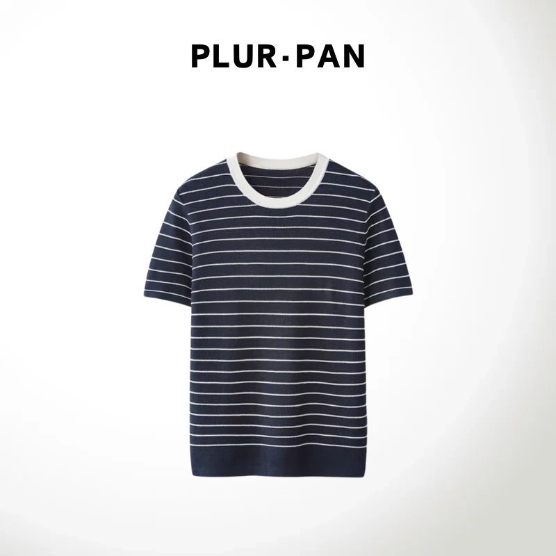 PLUR·PAN撞色条纹圆领高级感时髦短袖针织衫