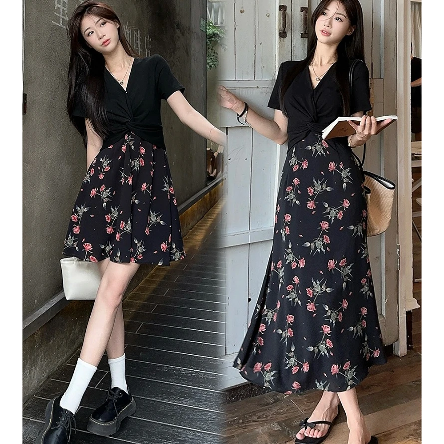 正肩收腰连衣裙大码女装假两件套显瘦收腰高腰碎花胖MM藏肉显瘦裙