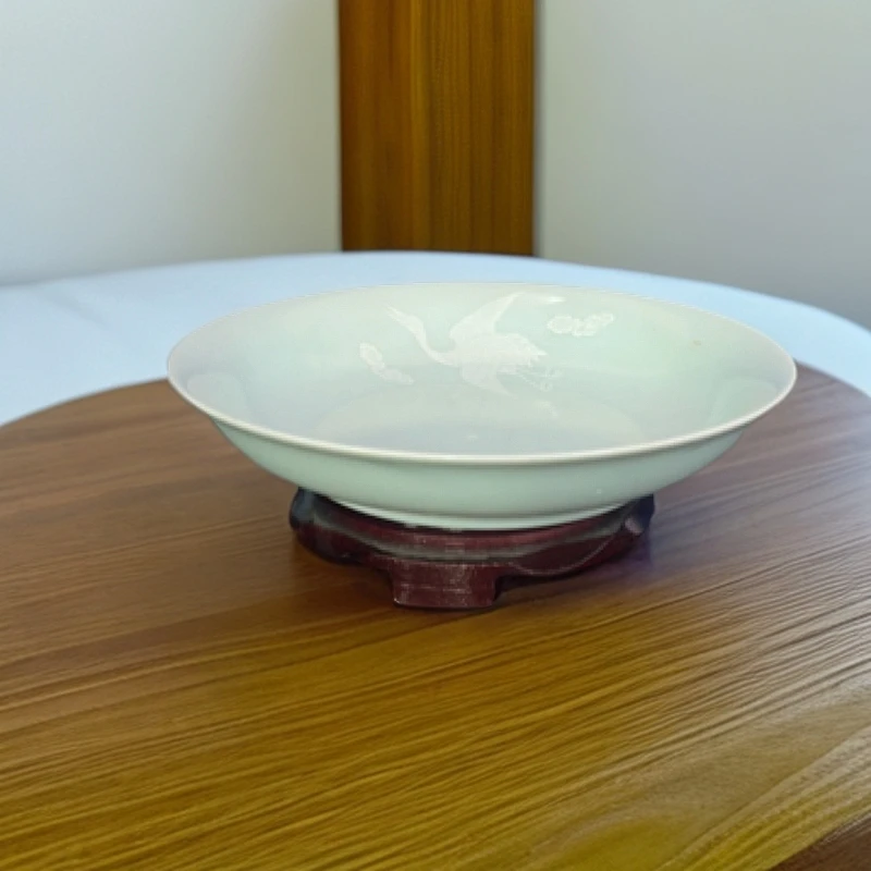 景德镇陶瓷影青釉堆雕仙鹤8寸窝盘