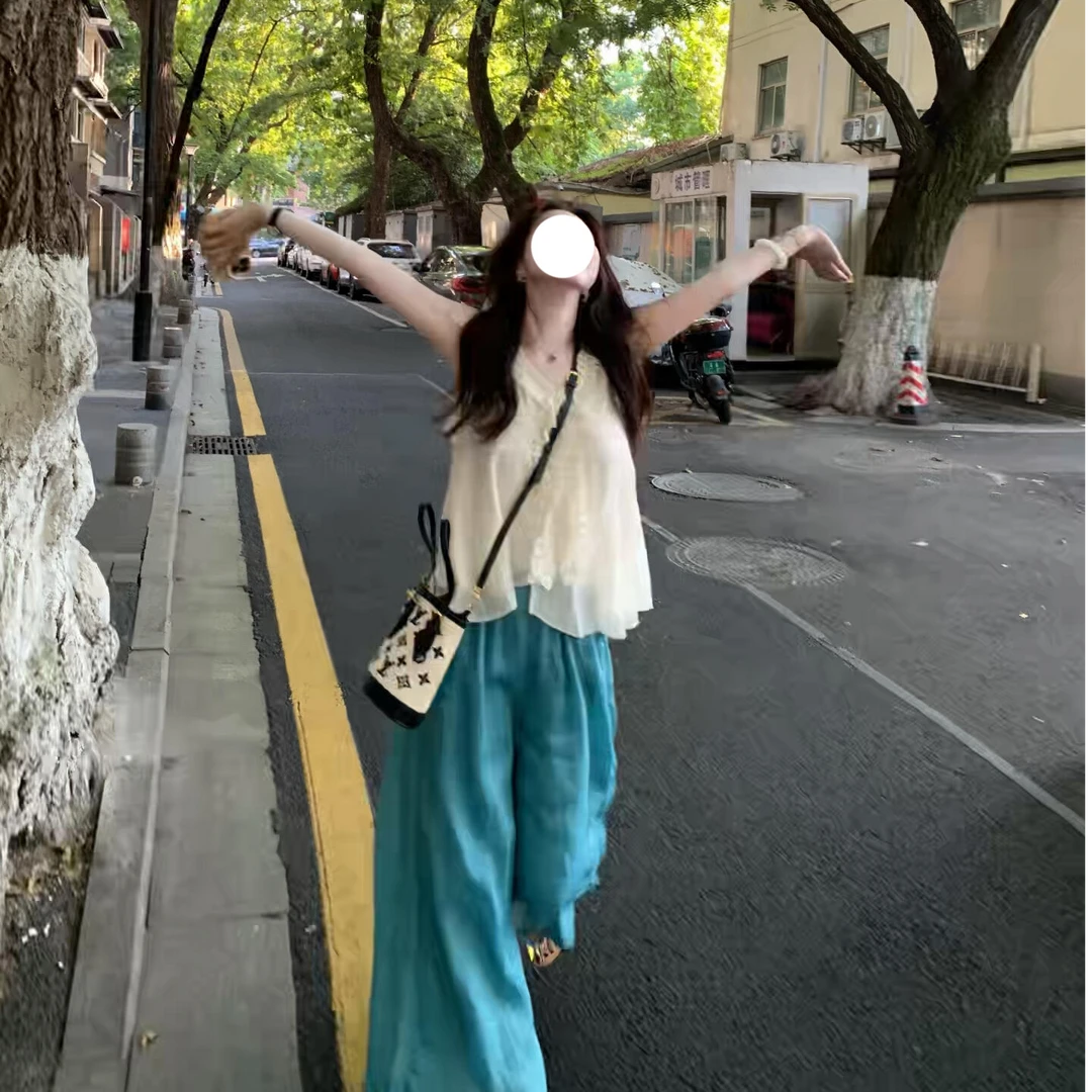 夏日绝美俏皮小套装韩系设计感木耳边无袖衬衫高腰阔腿裤两件套女