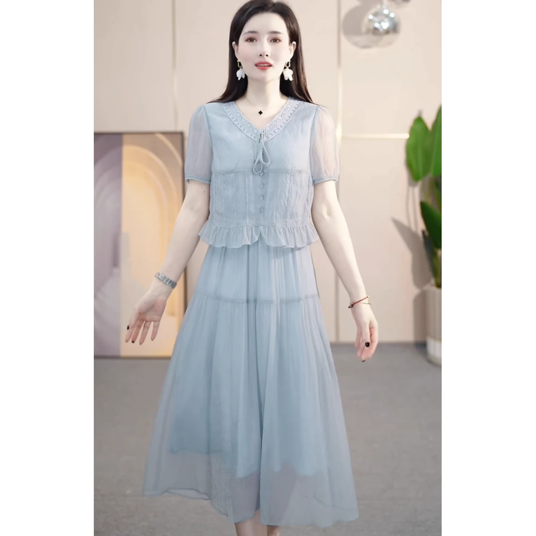 2025夏季气质时尚假两件短袖减龄收腰显瘦气质时尚连衣裙