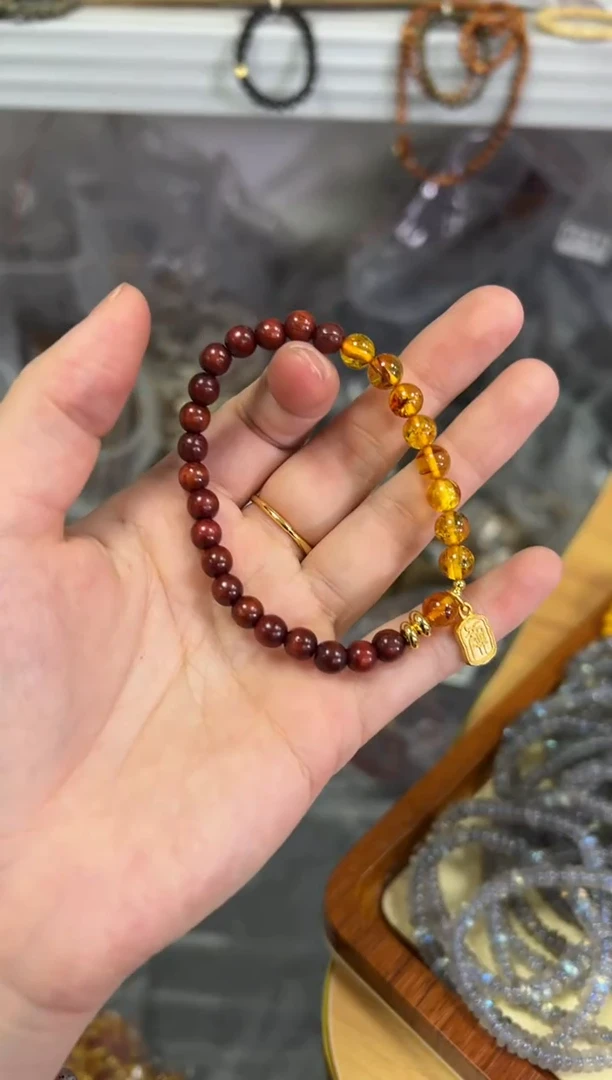【闪购商品】檀香紫檀（小叶紫檀）手串未镶嵌紫檀木花珀款手链[3271]