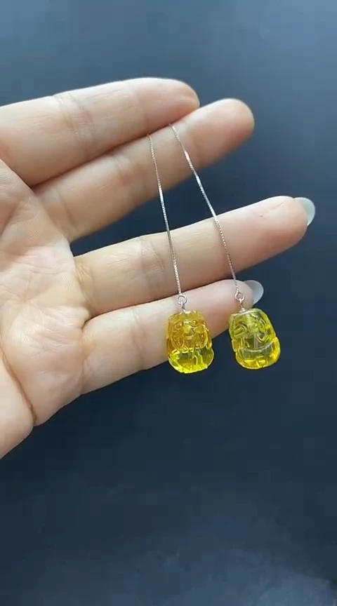 银S925镶嵌琥珀裸石琥珀耳线