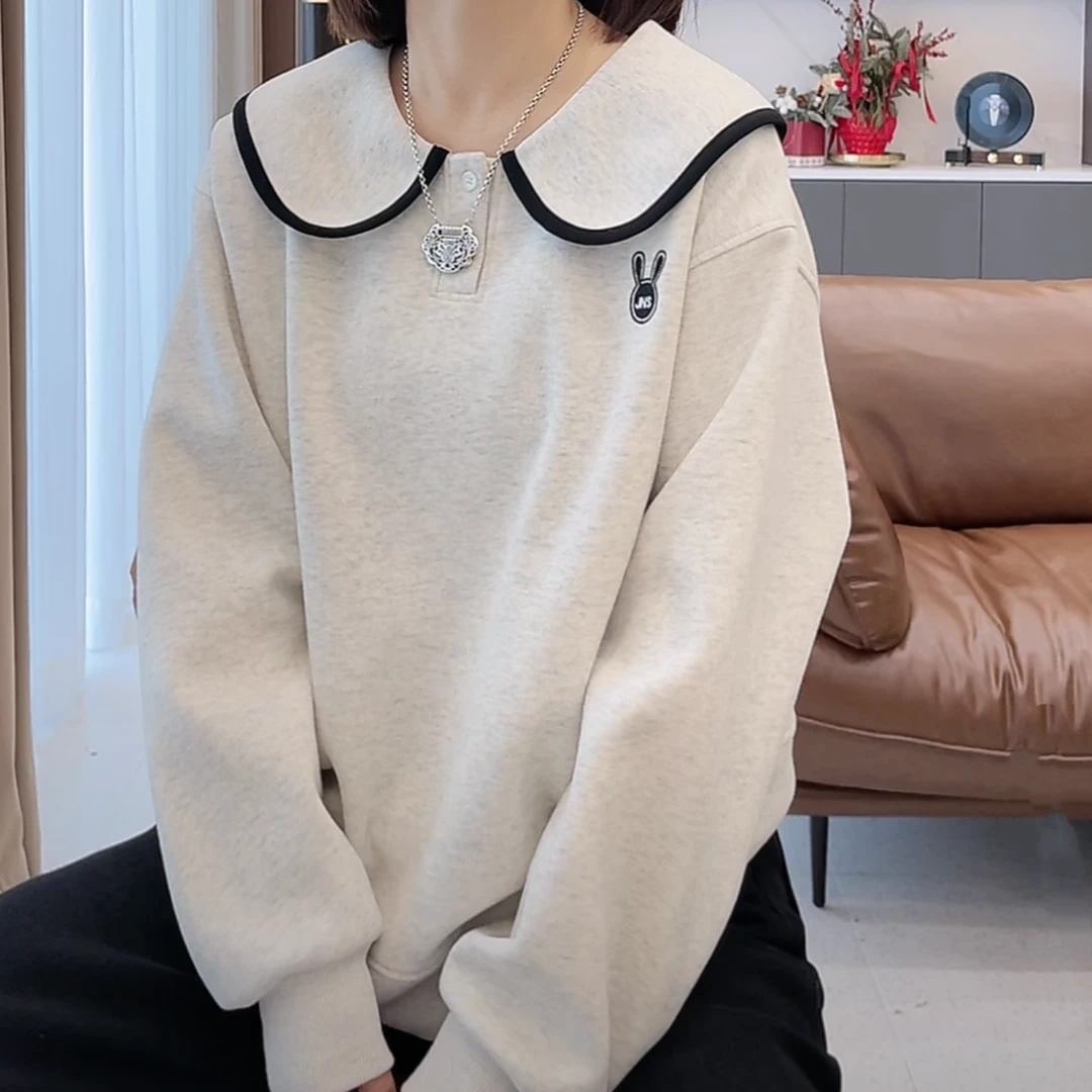 设计感娃娃领兔子长袖百搭卫衣女2025年新款春季新款灰色套头上衣