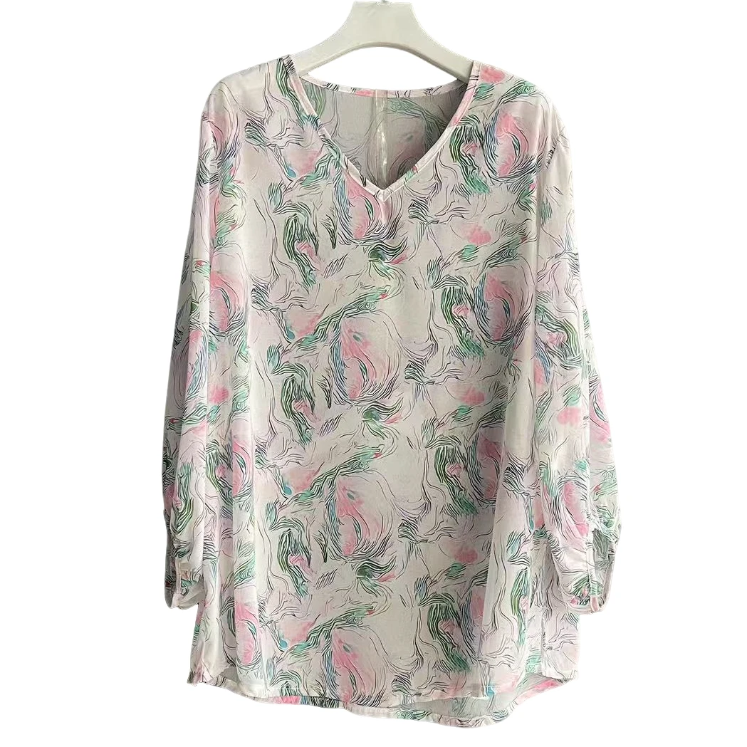 印花雪纺衫复古灯笼袖雪纺衬衫女士夏季圆领长袖宽松花色时尚