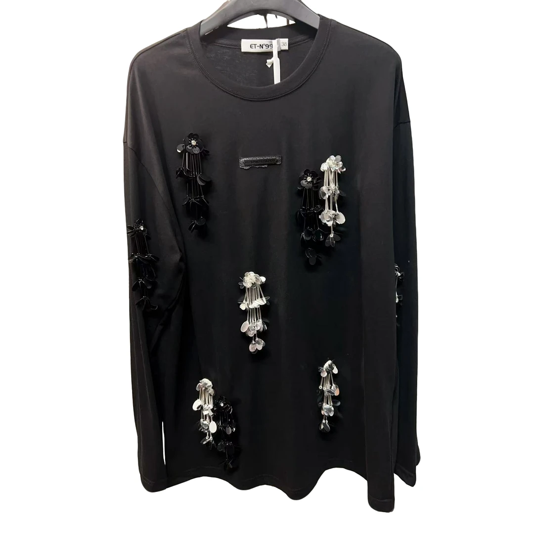 2025春夏新款2194A黑色镶花亮片设计感女士长袖