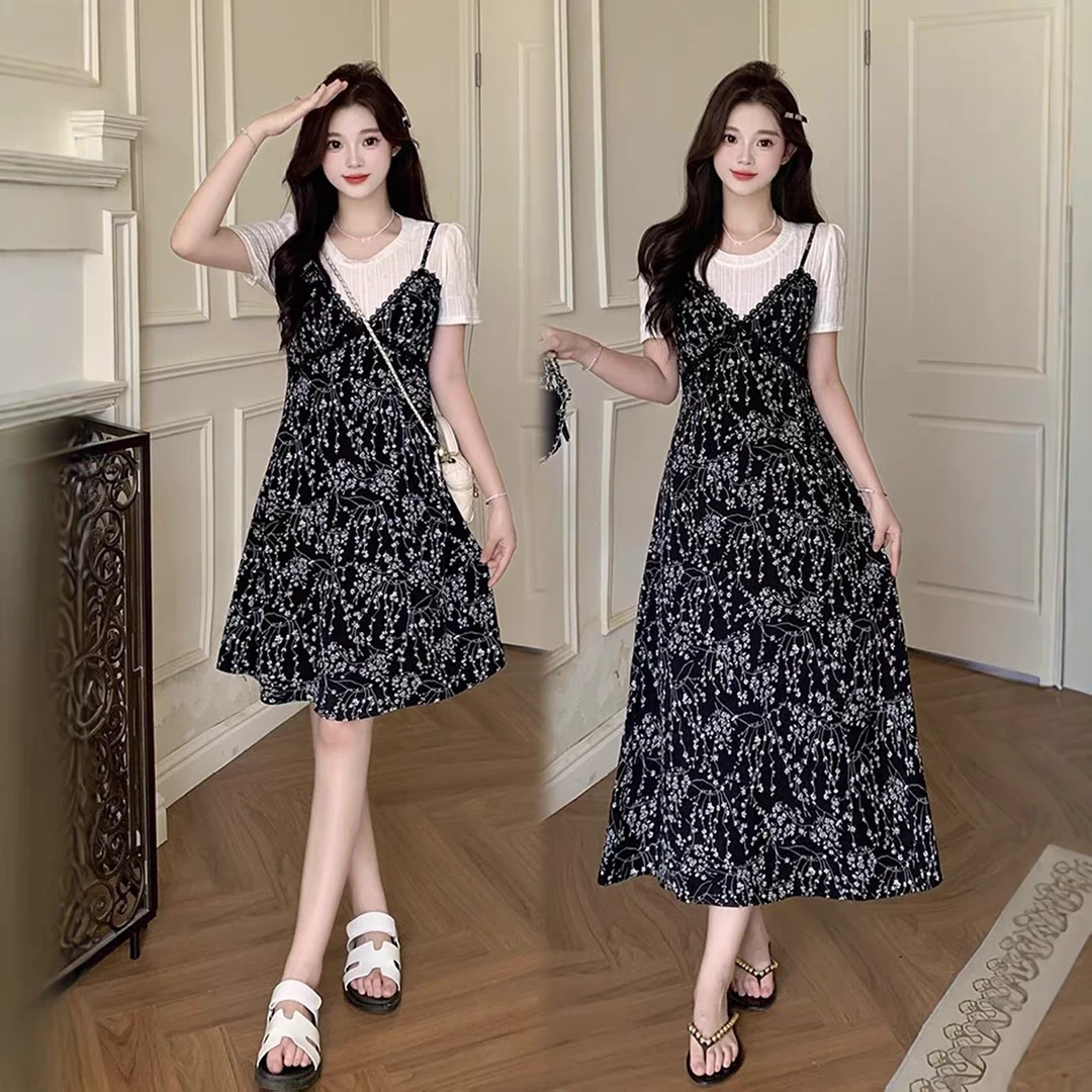 （80-200斤）假两件复古碎花连衣裙女夏2025胖mm显瘦温柔气质裙1923