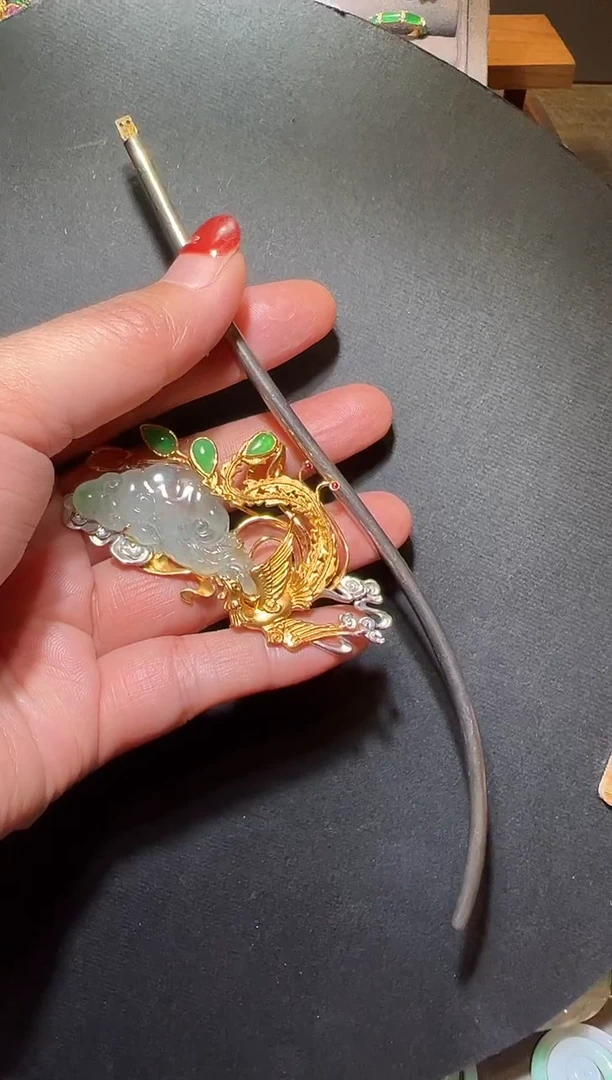 颈饰18K金镶嵌翡翠凤款发簪（簪体银可拆）