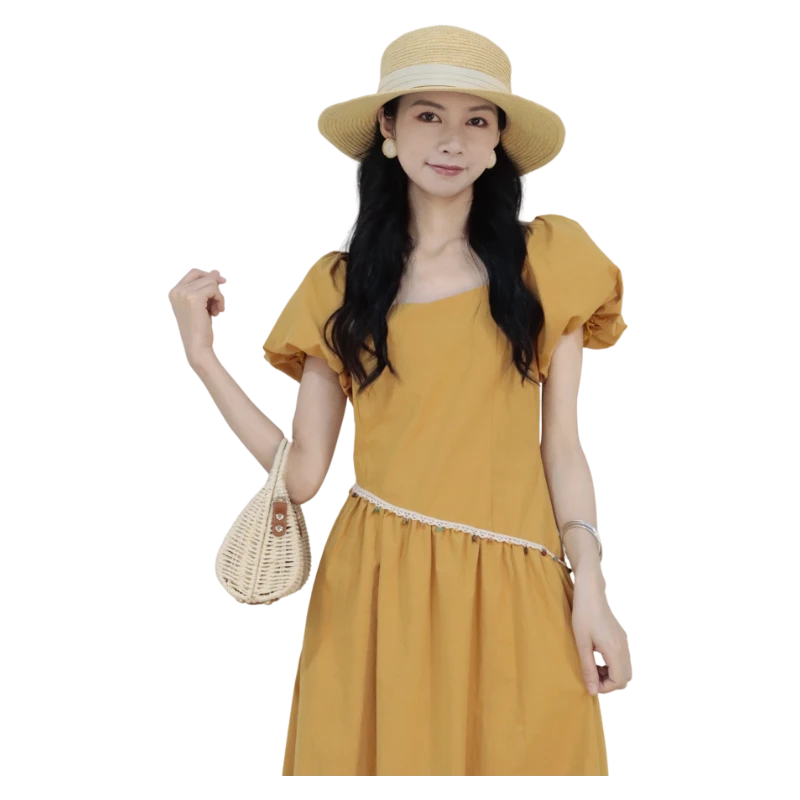 25夏季新品LIUKE留刻方领腰部编织长款花苞连衣裙41250407539