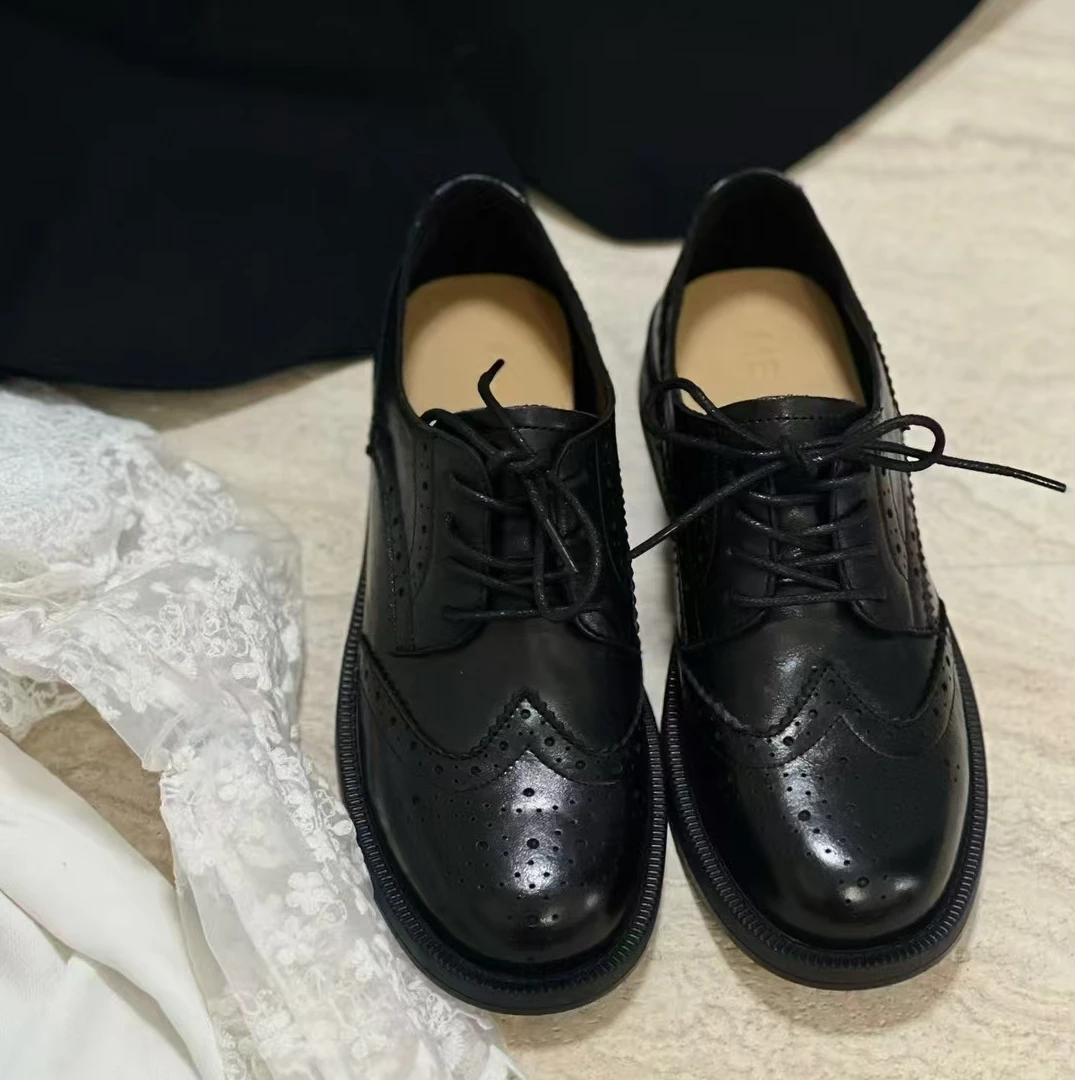 英伦风真皮布洛克女单鞋复古雕花牛津平底小皮鞋时尚休闲黑色经典