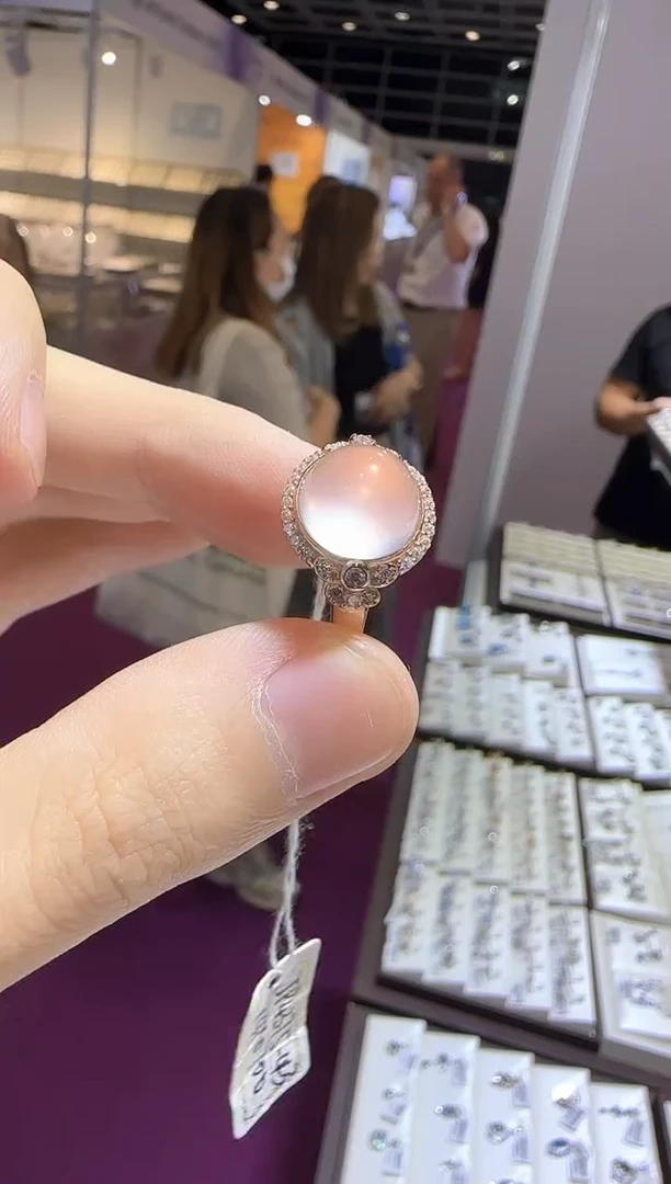 银S925镶嵌戒指芙蓉石10mm星光粉水晶