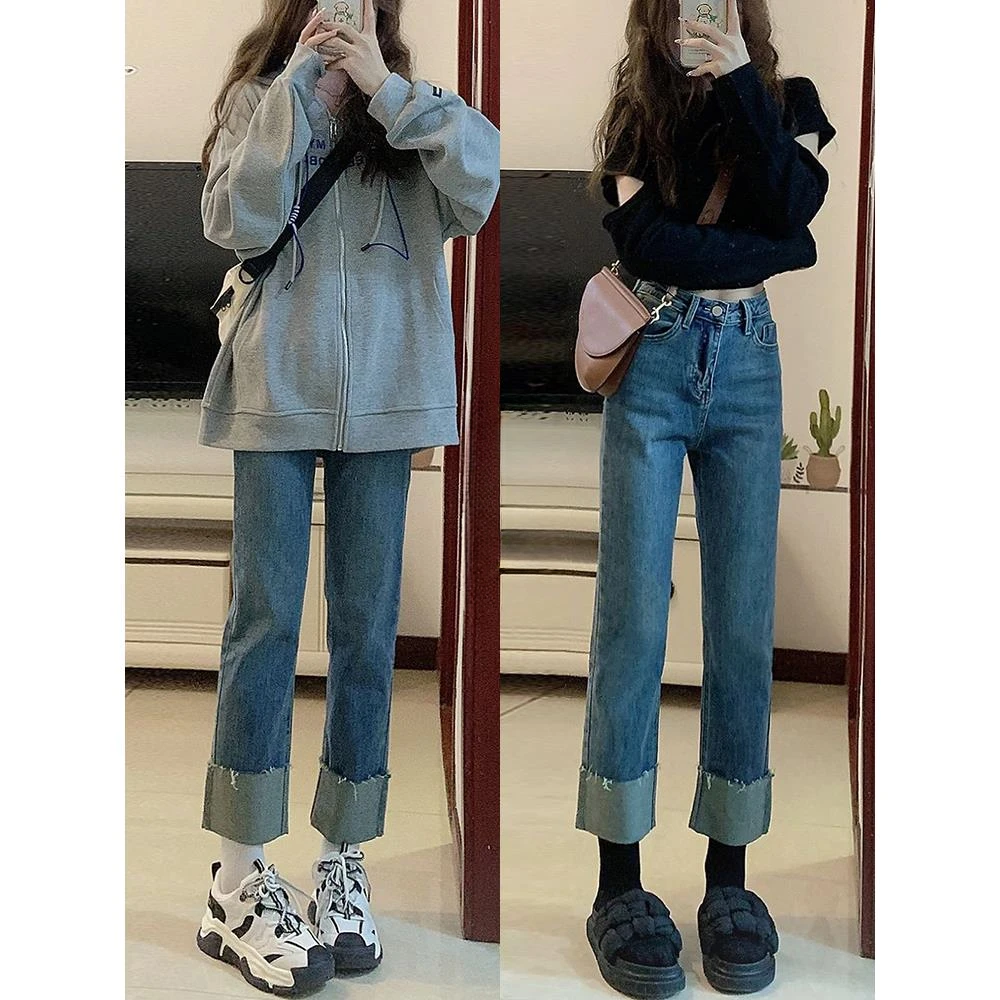 大码翻边直筒牛仔裤女秋冬加绒胖mm显瘦梨形身材小个子卷边烟管裤