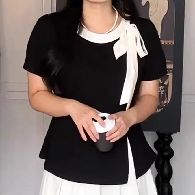 大码胖mm撞色系带蝴蝶结短袖T恤女夏季遮肉开叉赫本风高级感上衣