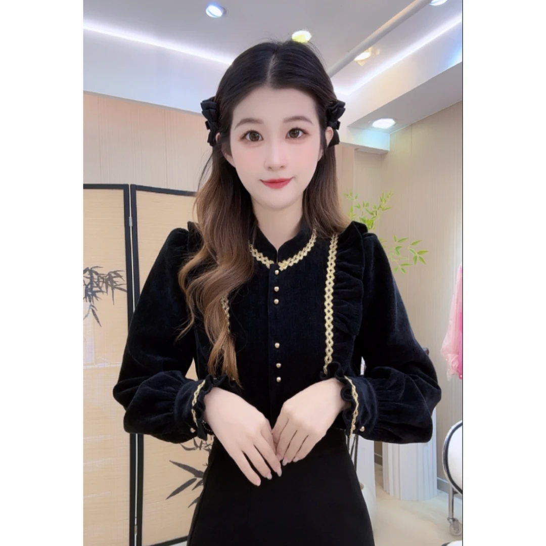 【现货库存】冬季新款法式时尚长袖收腰小香风复古秋季上衣衬衫拼接