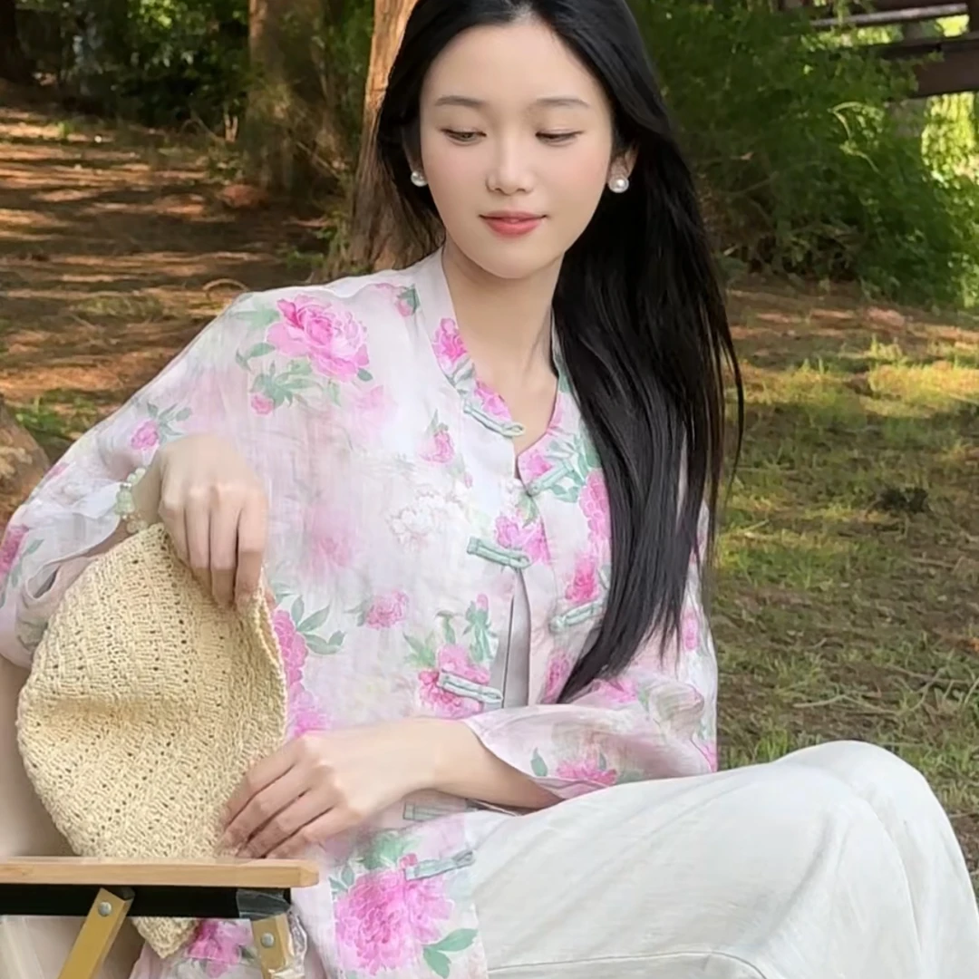 沅曼【牡丹】苎麻衬衫新中式夏季复古宽松中国风文艺印花开衫