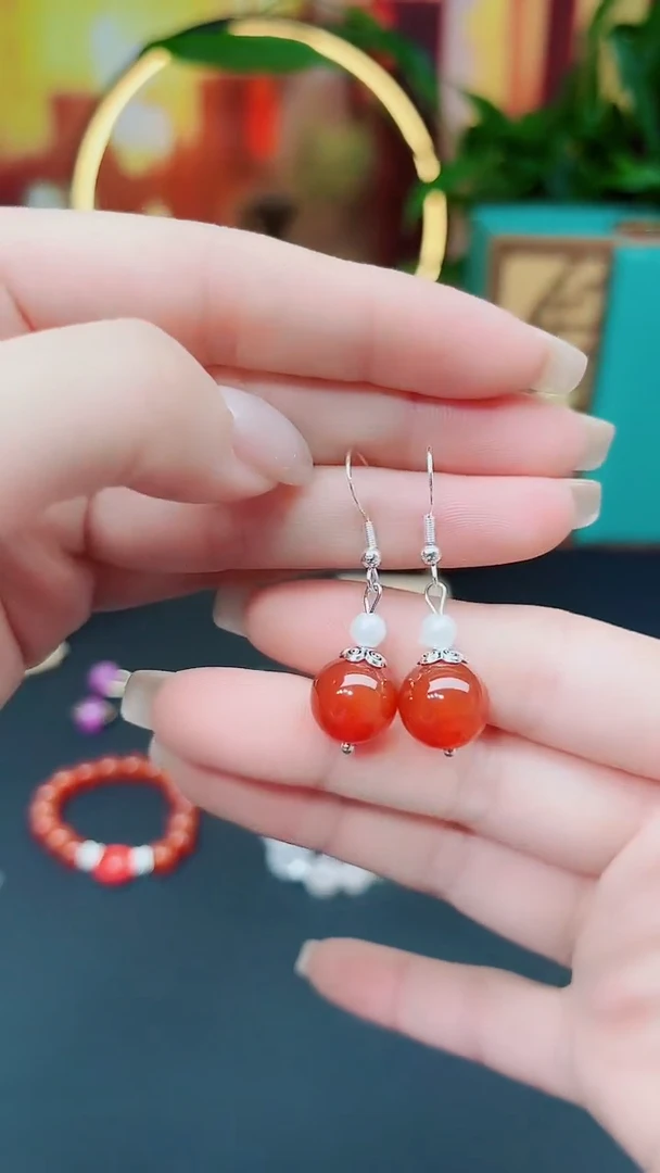 南红玛瑙银S925镶嵌耳饰303000