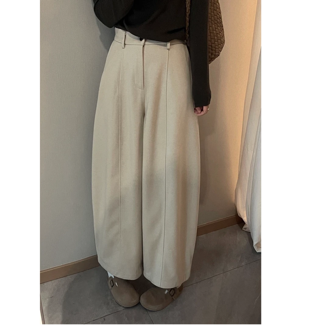 颖小颖 高腰厚款毛呢裤遮肉显瘦慵懒风宽松九分裤阔腿裤